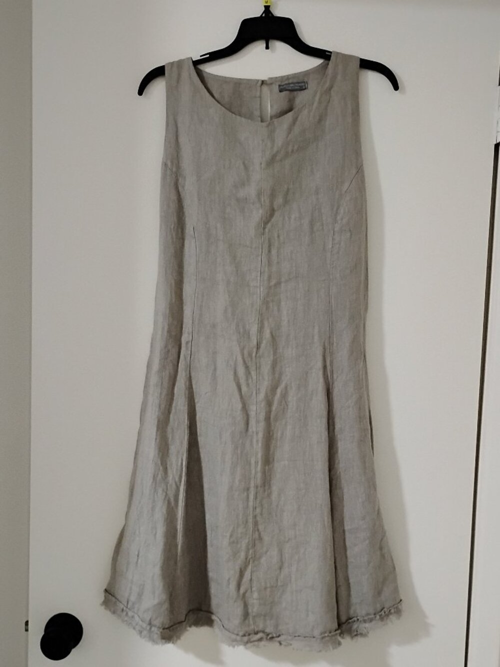 Gray, 100% Italian linen sleeveless, knee length dress, gathered in back
